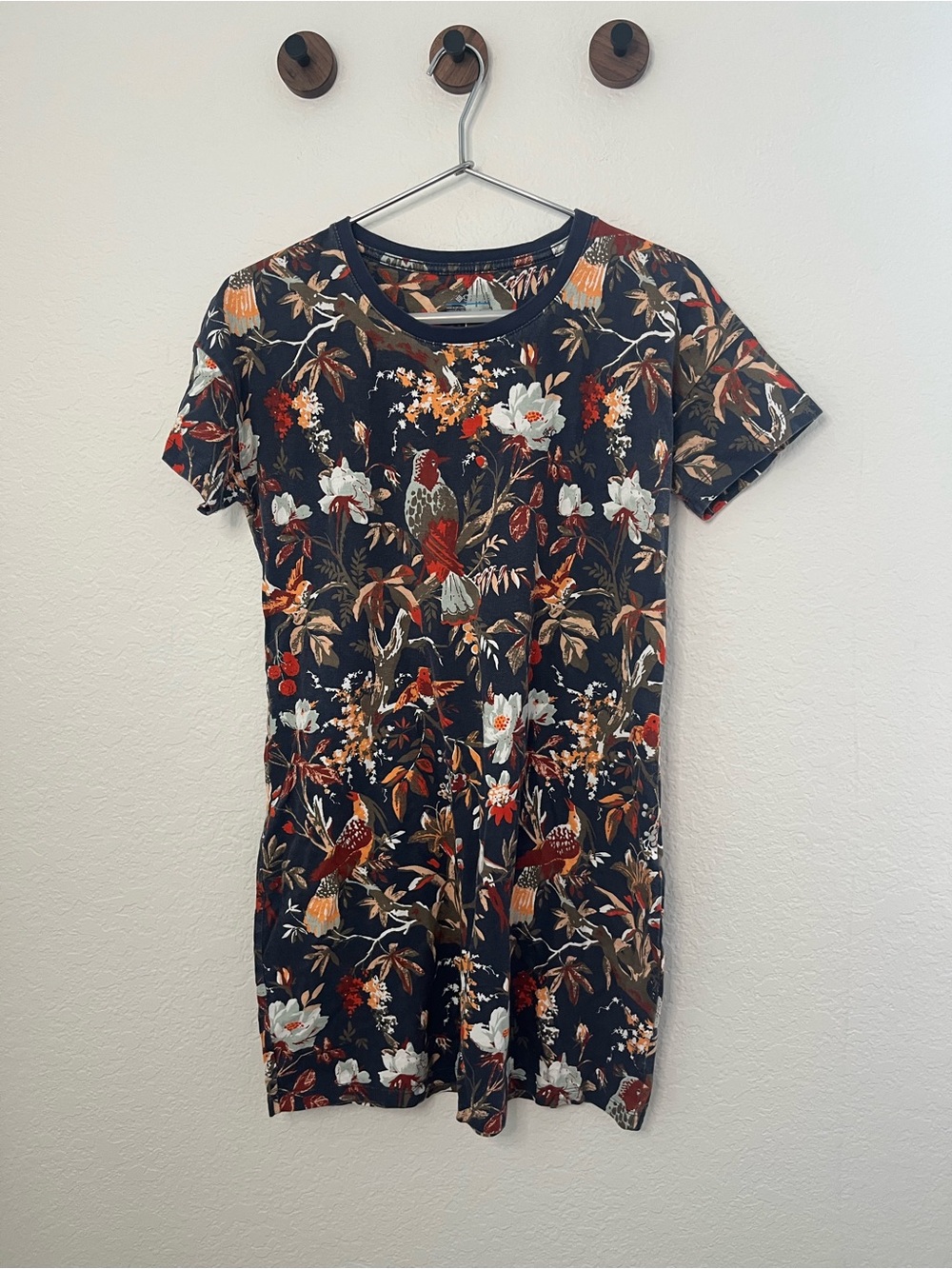 Columbia Floral & Bird Print Short Sleeve Mini Dress in Navy